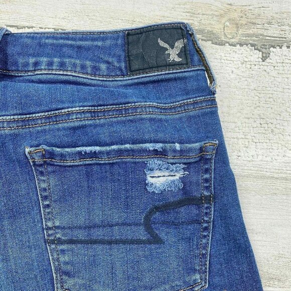 American Eagle Jean Shorts Womens 2 Super Stretch Distressed Blue Cutoff Patches - Picture 6 of 8